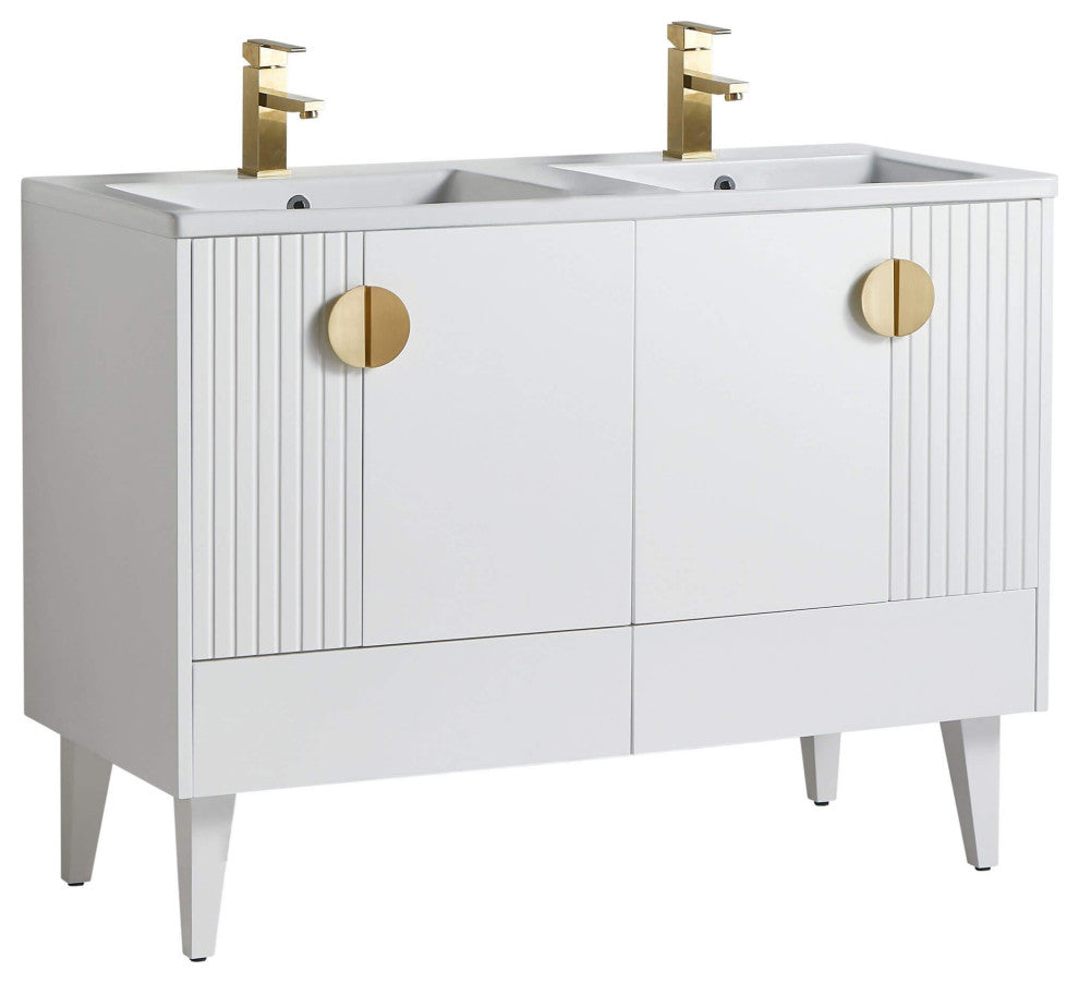 Venezian Single Bathroom Vanity, White, 48", Satin Brass Handles, Two Sinks