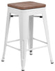 24" High Backless White Metal Counter Height Stool With Square Wood Seat