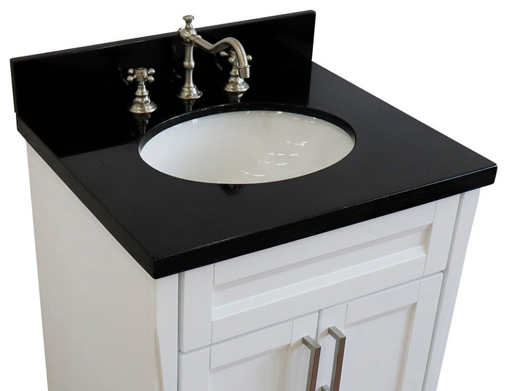 25" Single Sink Vanity, White Finish With Black Galaxy Granite And Oval Sink