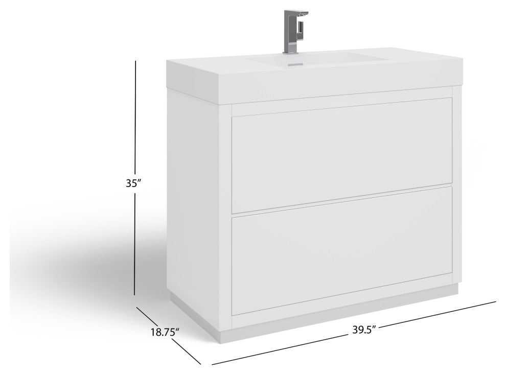 Boutique Bath Vanity, High Gloss White, 40", Single Sink, Freestanding