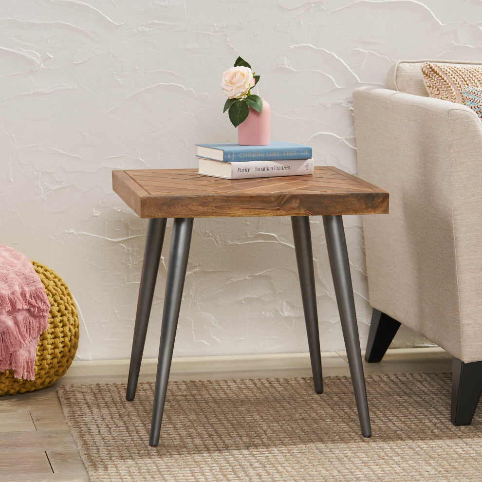 Tilton Boho Handcrafted Mango Wood Parquet Side Table, Natural Honey and Gray