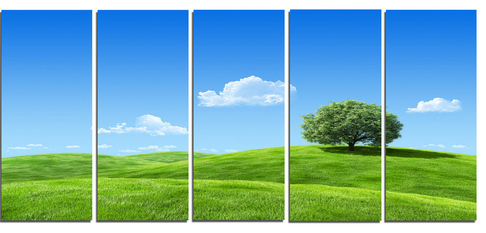 Calm Meadow with Single Tree, Landscape Canvas Art Print, 60"x28", 5 Panels