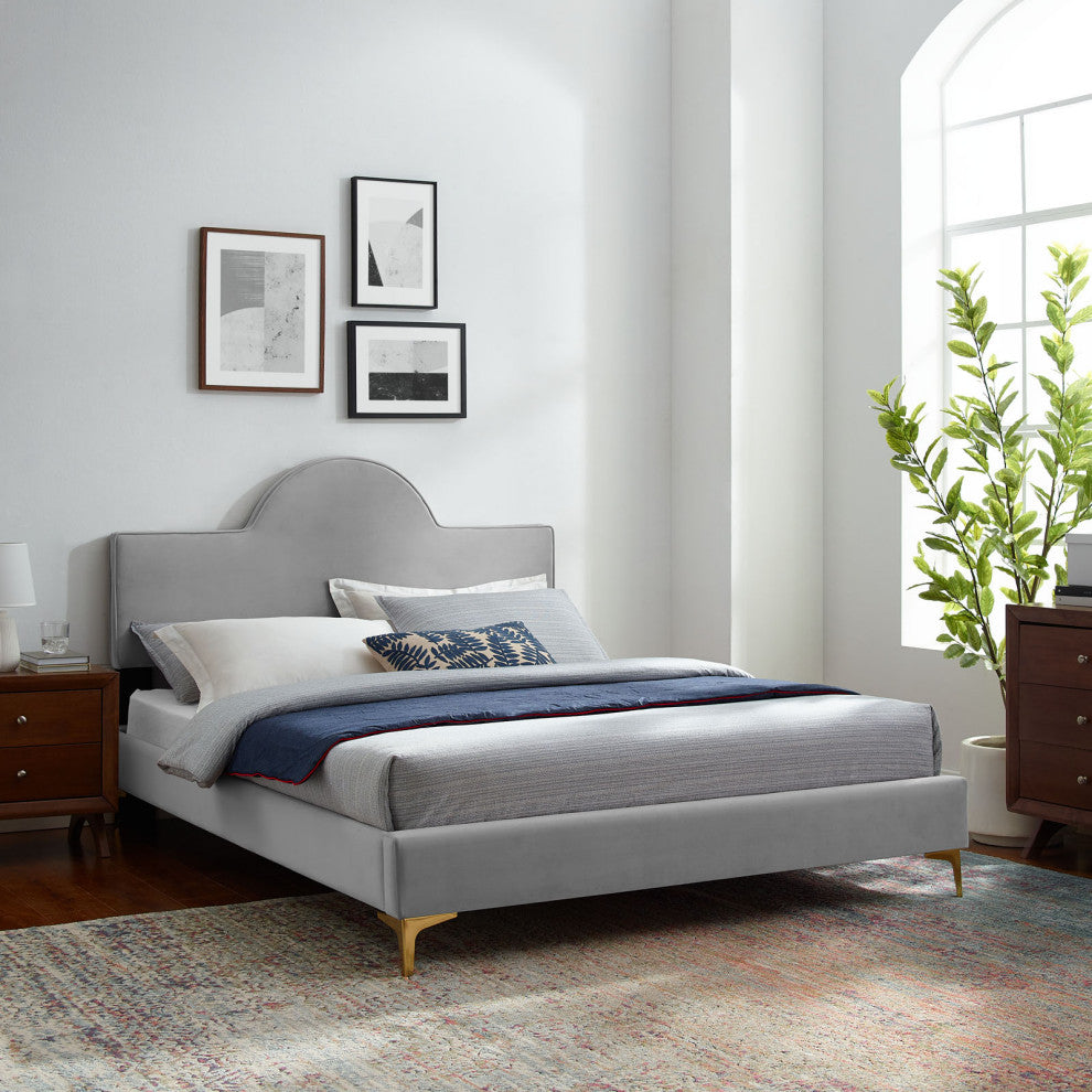 Platform Bed Frame, King Size, Gray, Velvet, Modern, Bedroom Guest Suite