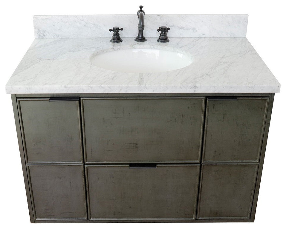 37" Single Wall Mount Vanity, Linen Gray Finish With White Carrara Top