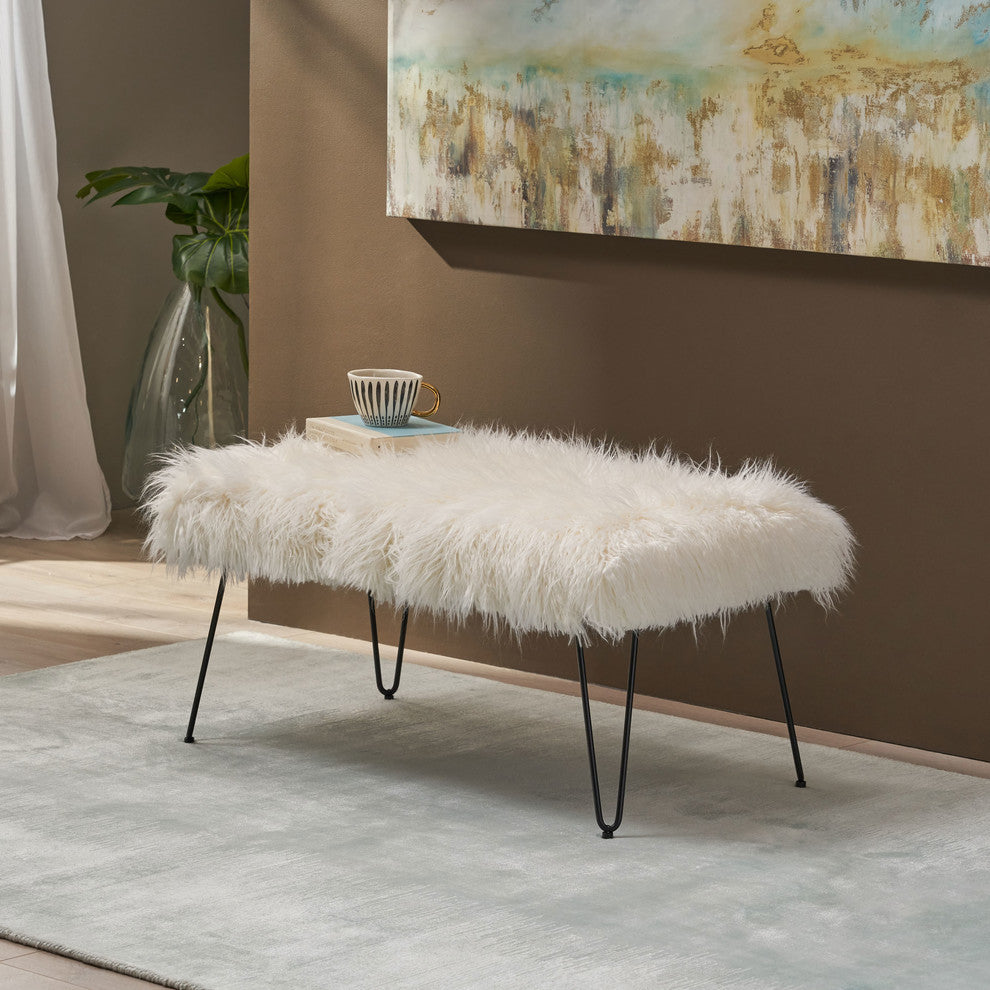 Louise Faux Fur Bench With Hairpin Legs, White, Black Finish