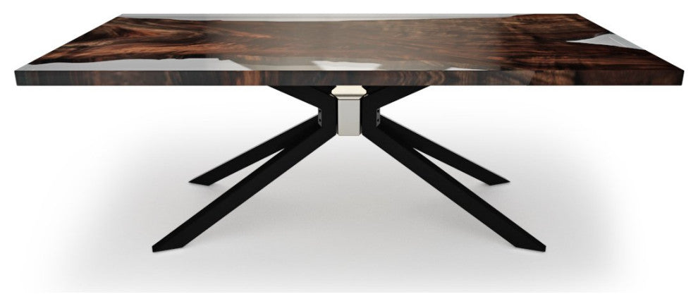 Clear Epoxy Resin & Walnut Wood Rectangular Dining Table, Black & Chrome