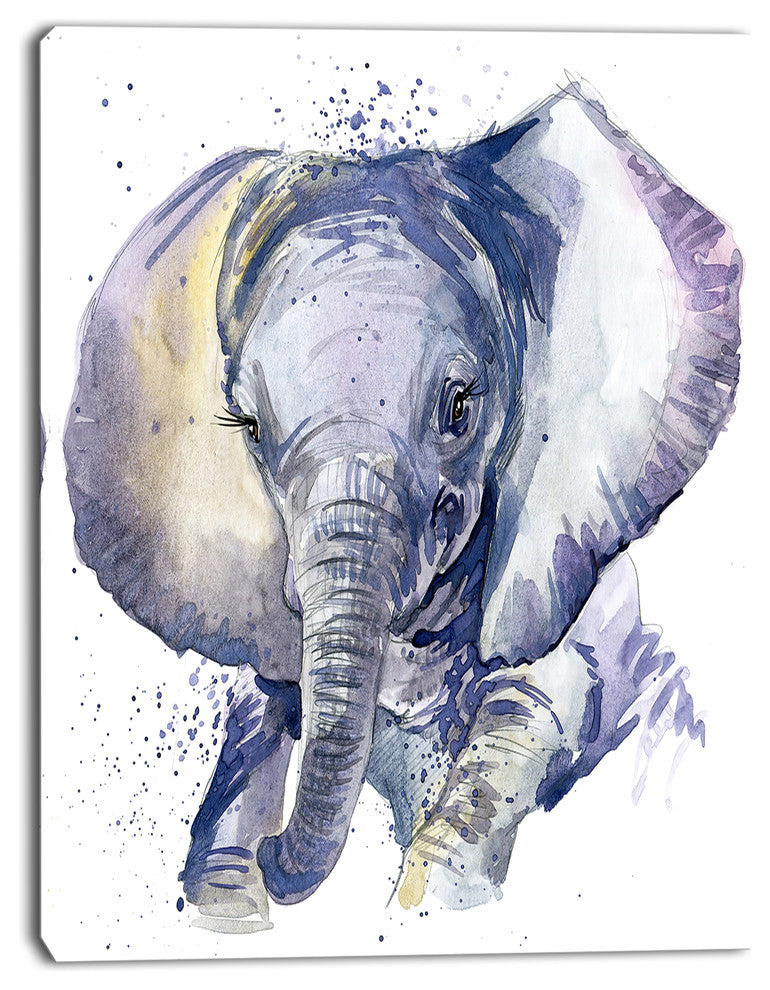 Baby Elephant Blue Watercolor, Abstract Canvas Art Print, 30"x40"