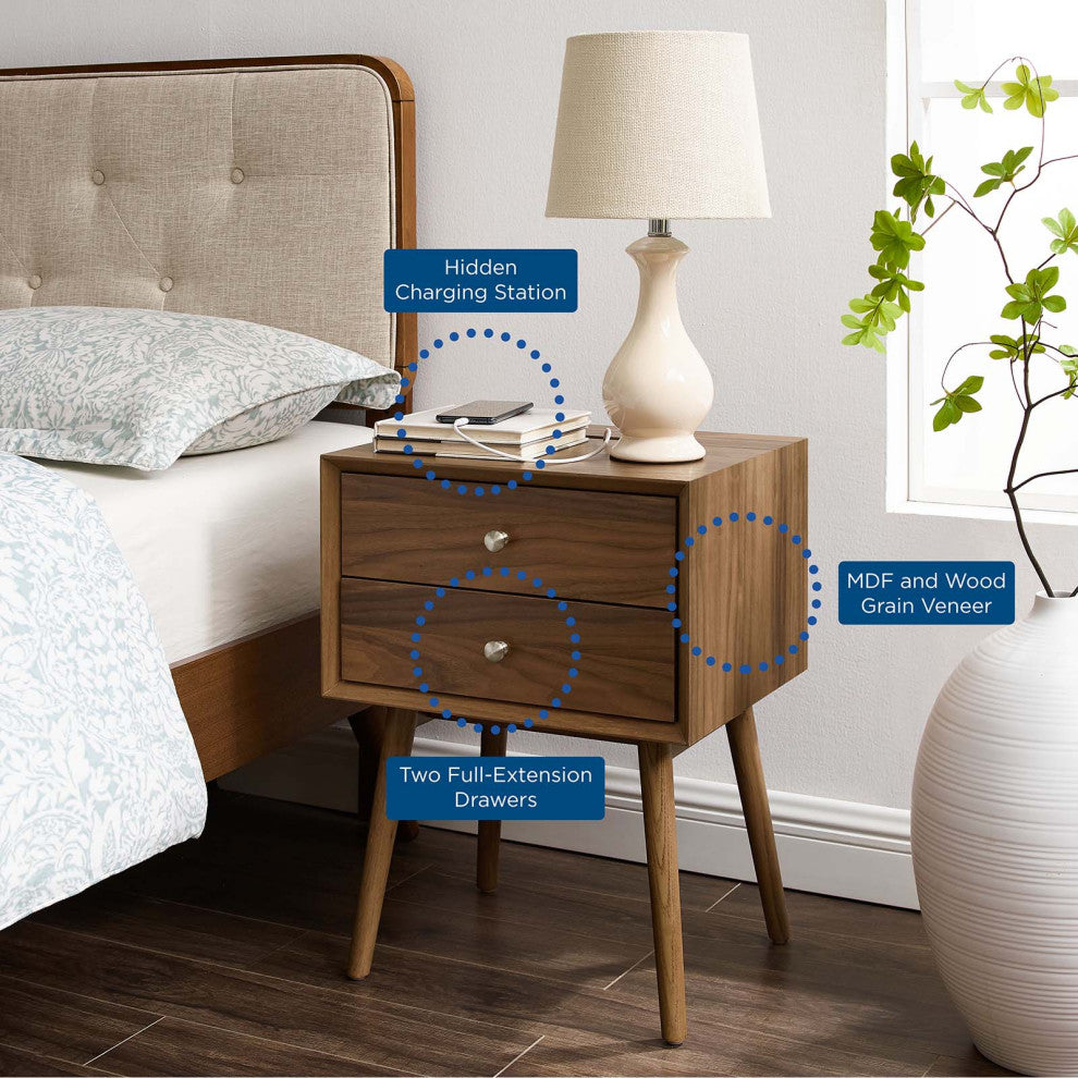 Nightstand Side End Table With USB, Wood, Brown Walnut, Modern Living Room