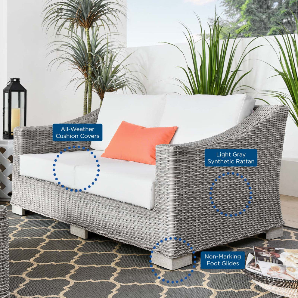 Lounge Loveseat Sofa, Rattan, Wicker, Gray White, Modern, Outdoor Patio