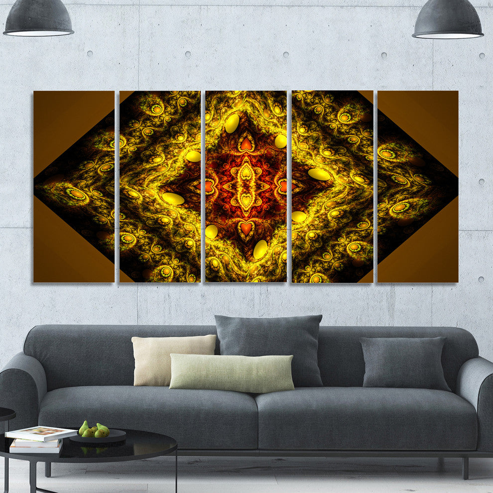 Cabalistic Yellow Fractal Design, Abstract Wall Art Canvas, 60"x28", 5 Panels