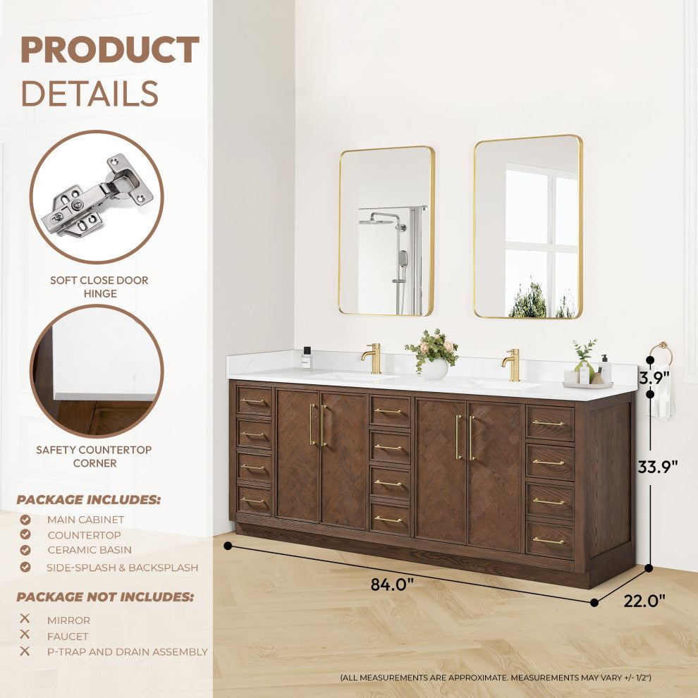 Jakarta Bath Vanity, Quartz Top No Mirror, Dark Brown Oak, 84", Double Vanity