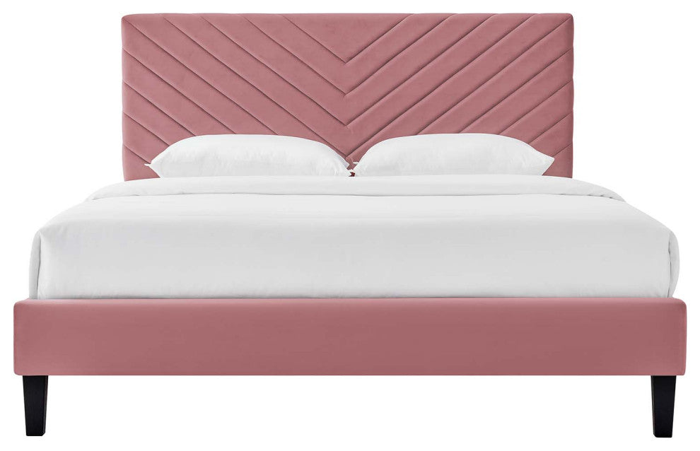 Platform Bed Frame, King Size, Pink, Velvet, Modern, Bedroom Master Guest Suite