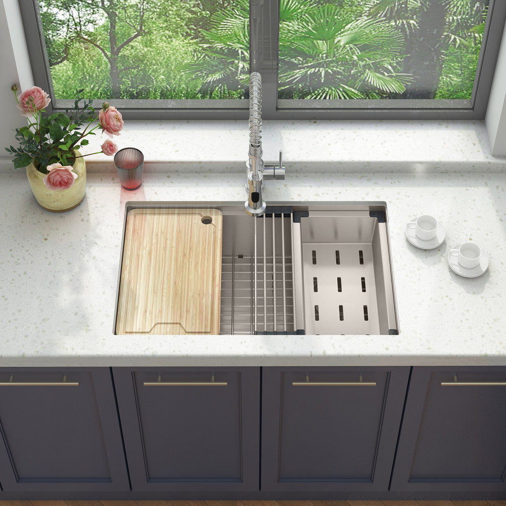 Sinber Single Bowl Kitchen Sink with 304 Stainless Steel Satin Finish, 30"x19" Workstation, Undermount
