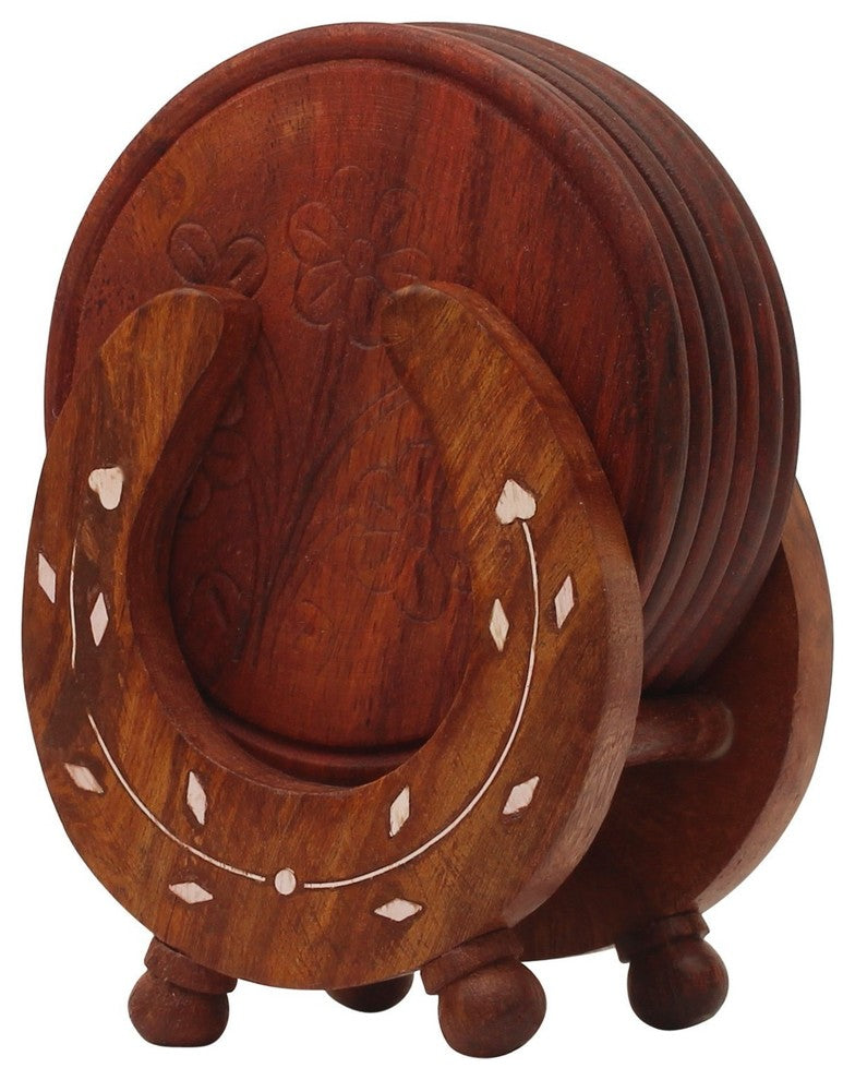 Retro Wooden Drink Coasters with Horseshoe Shaped Holder, Brown