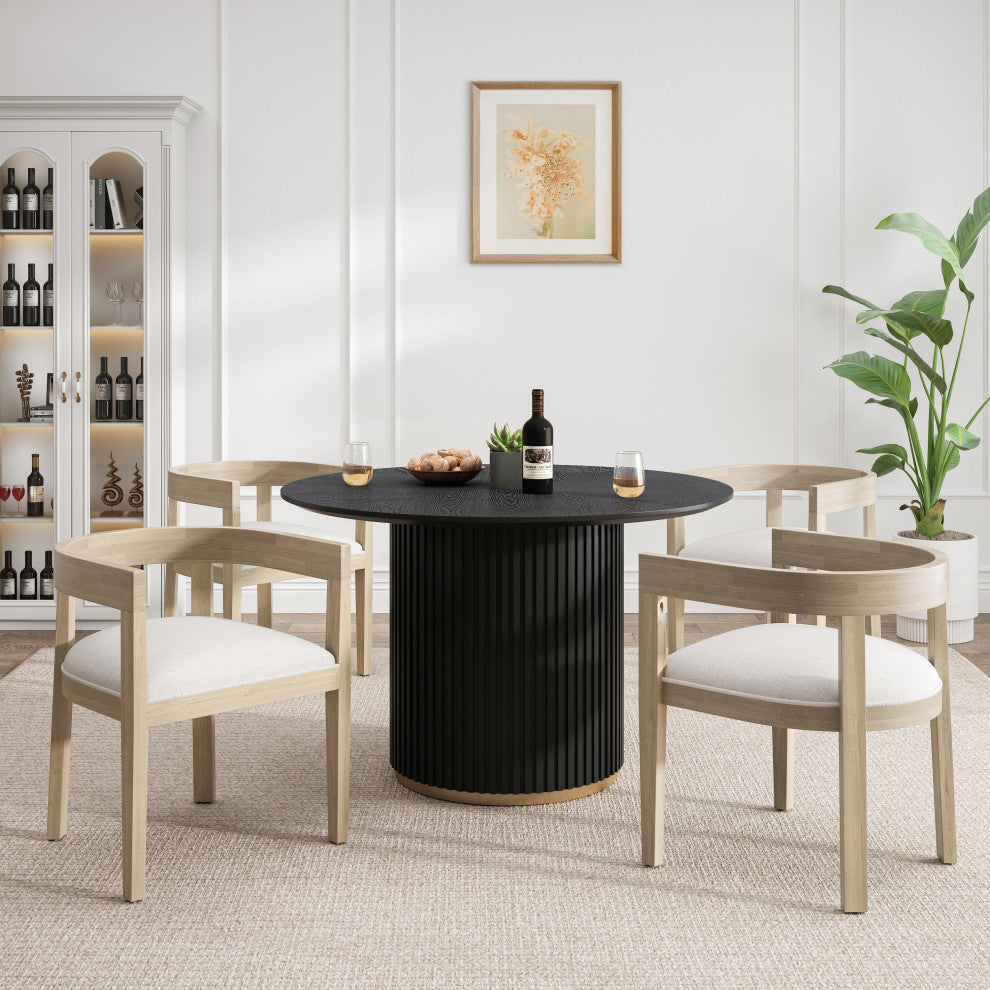 GDF Studio 47.25" Round Pedestal Dining Table With 4 Armchairs, Beige/Black