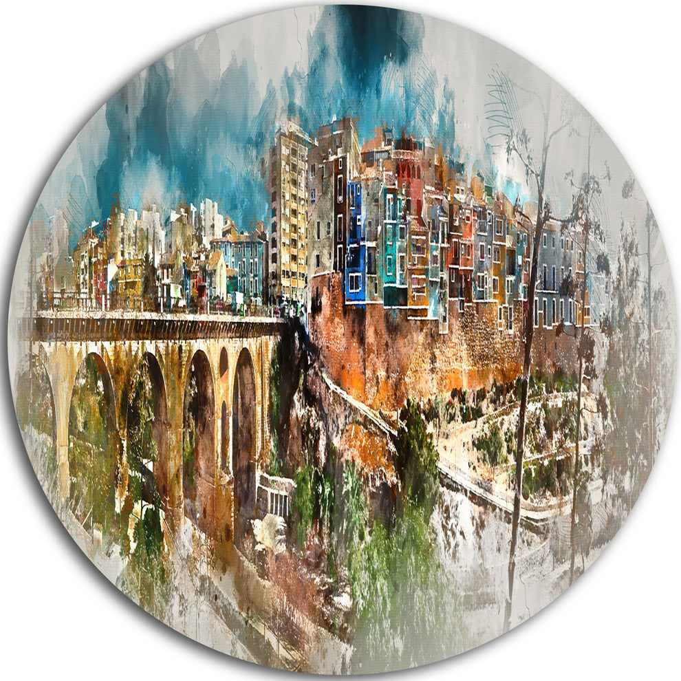 Villajoyosa Town Digital Panorama, Cityscape Disc Metal Wall Art, 11"