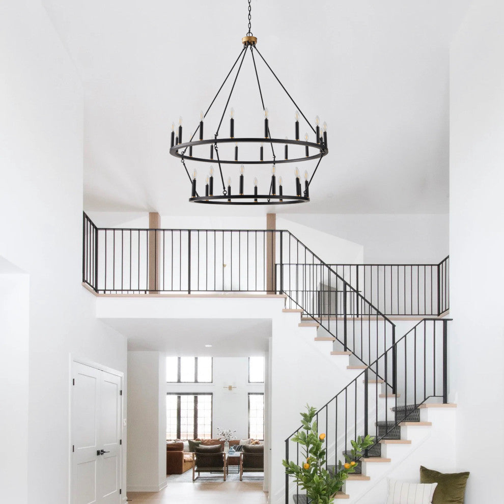 28-Light Wagon Wheel Pendant Candle Style Ceiling Light, Black