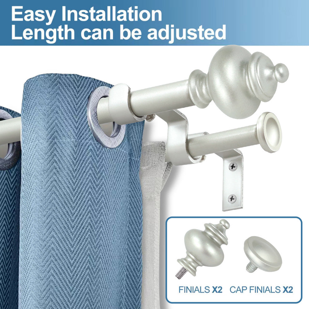 Round Urn Adjustable Double Curtain Rod Set, 5/8", Pewter, 28"-48"