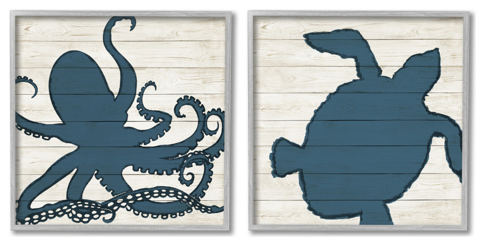 Nautical Blue Silhouette Octopus Sea Turtle Aquatic Animals,24 x 24