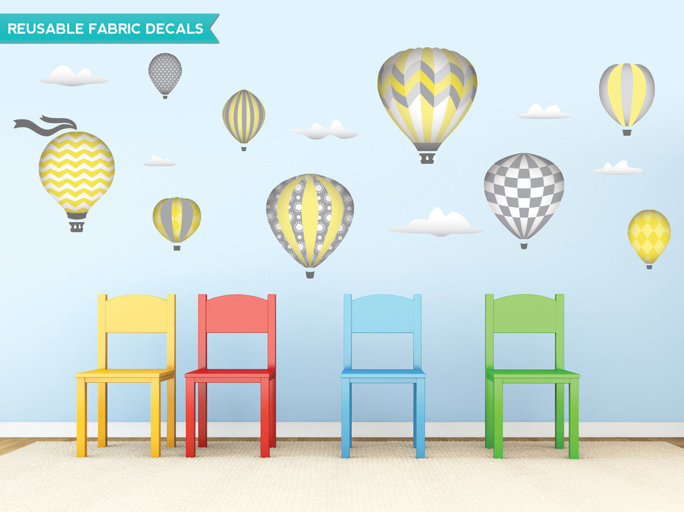 Hot Air Balloons Fabric Wall Decals, Jumbo size in Yellow, Set of 9