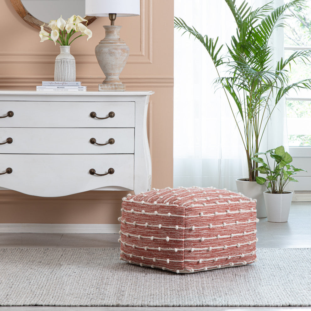Surin 22" x 22" x 16" Red and Ivory Pouf