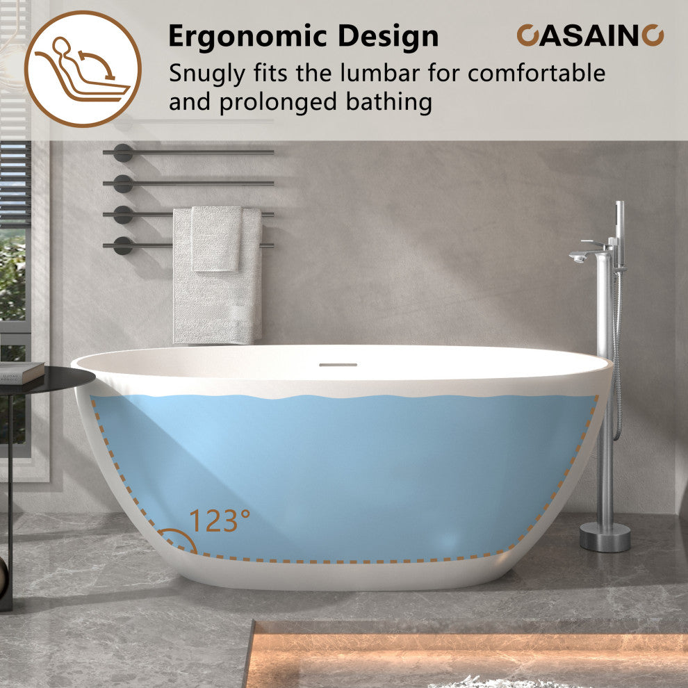 Freestanding Oval Solid Surface Stone Bathtub with Center Drain, Matte White, 59in
