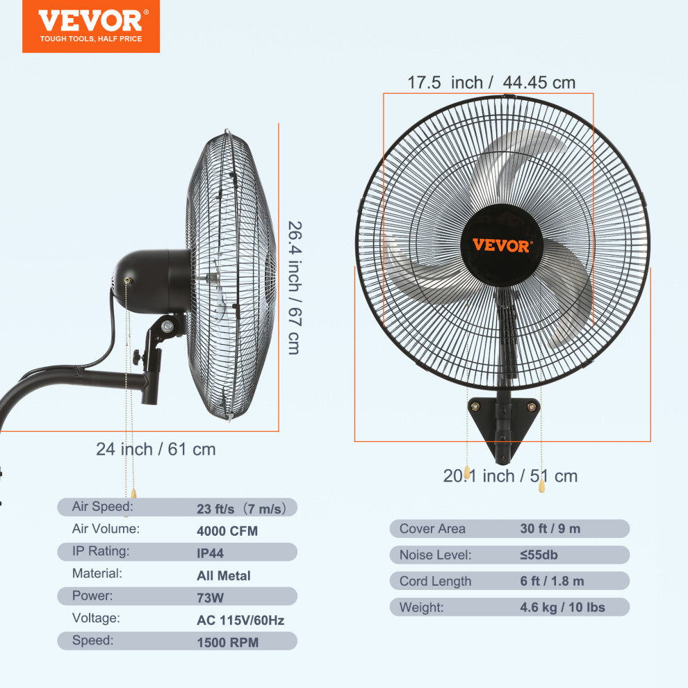 VEVOR Industrial Wall Mount Fan Oscillating Metal Fan 3 Speed, 18"