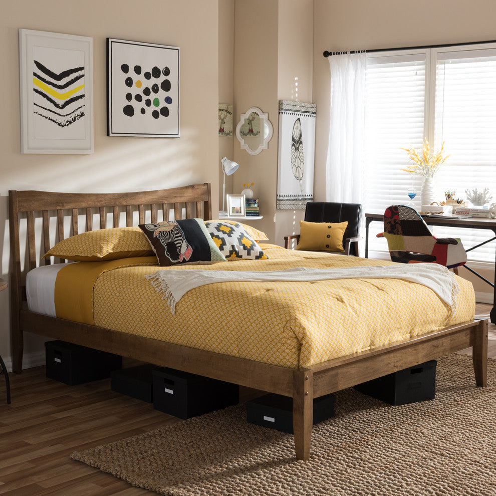 Edeline Mid-Century Solid Walnut Wood Curvaceous Slatted Queen Platform Bed