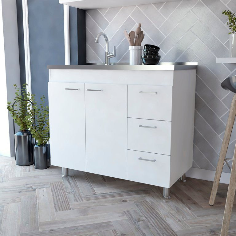 Contemporary Base Kitchen Cabinet, Aluminum Countertop & Multiple Drawers, White