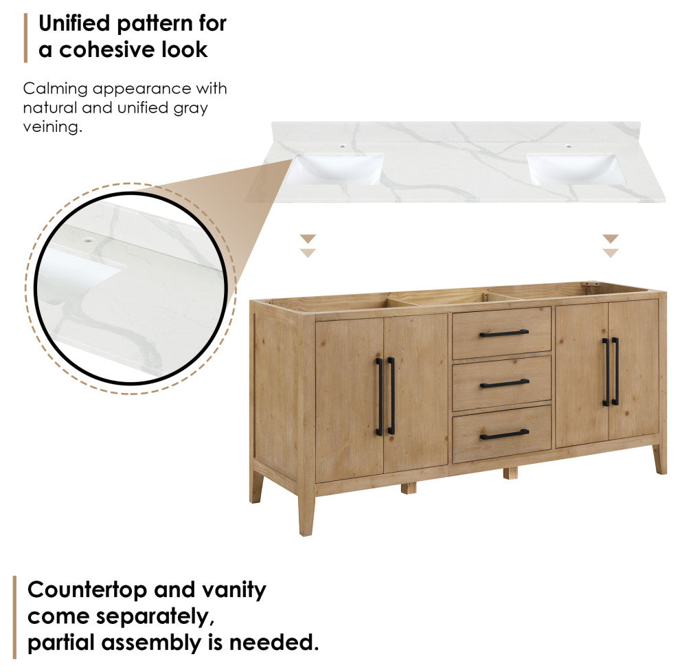 Laurel Bathroom Vanity with Calacatta White Quartz Stone Countertop, Weathered Fir, 72", Without Mirror