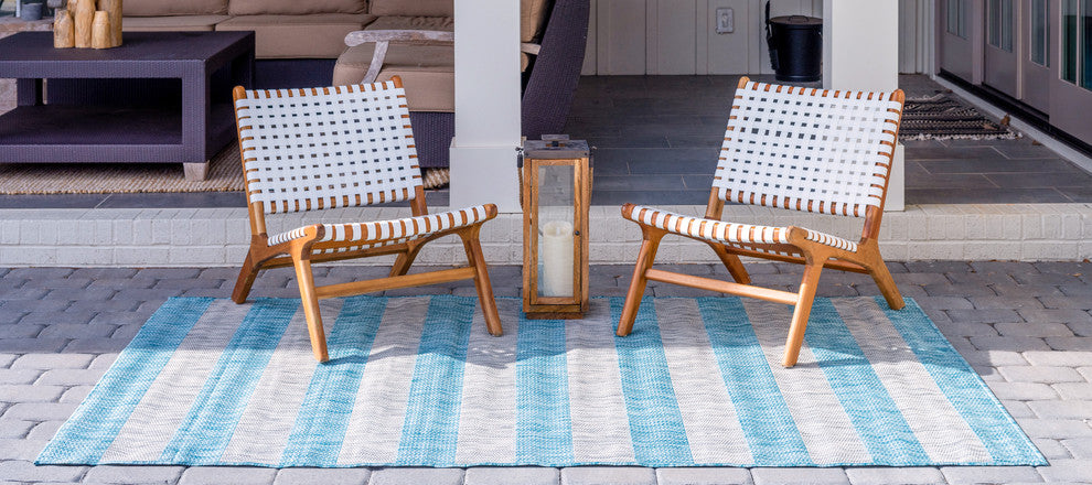Unique Loom Aqua Blue Striped Outdoor Area Rug, Aqua Blue, Gray, 9' X 12'