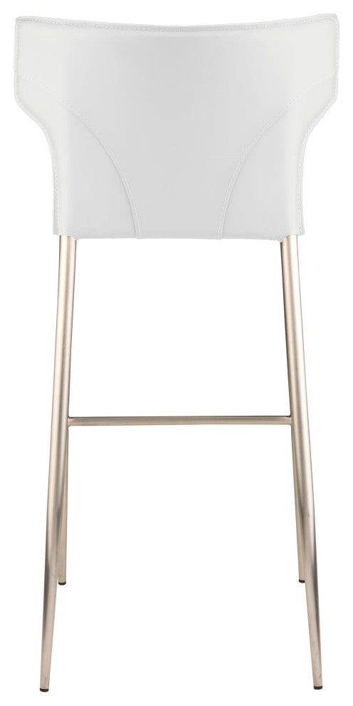 Wayne Bar Stool, Modern Barstool White Leather, Brushed Stainless Steel Legs