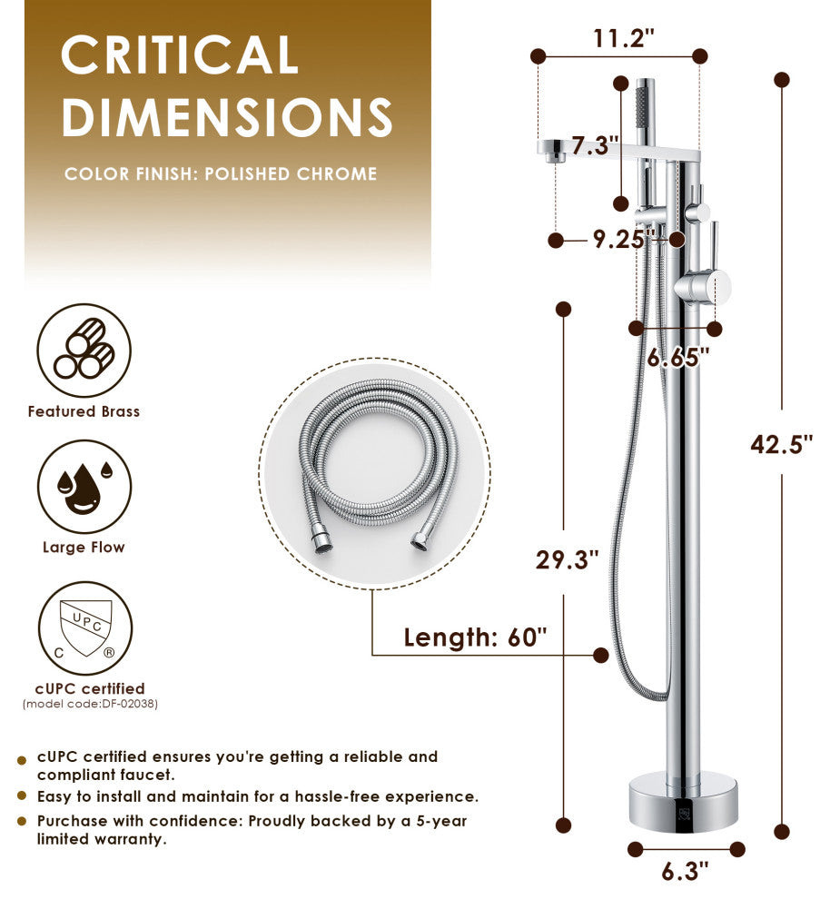 Allario Double Lever Handles Freestanding Floor Mounted Tub Filler, Polished Chome