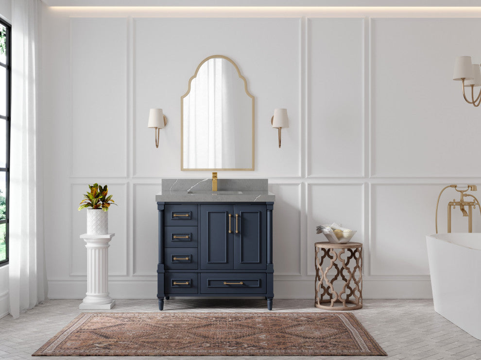 Aberdeen 36 Center Sink Bath Vanity in Hale Navy Blue  2" Piatra Gray