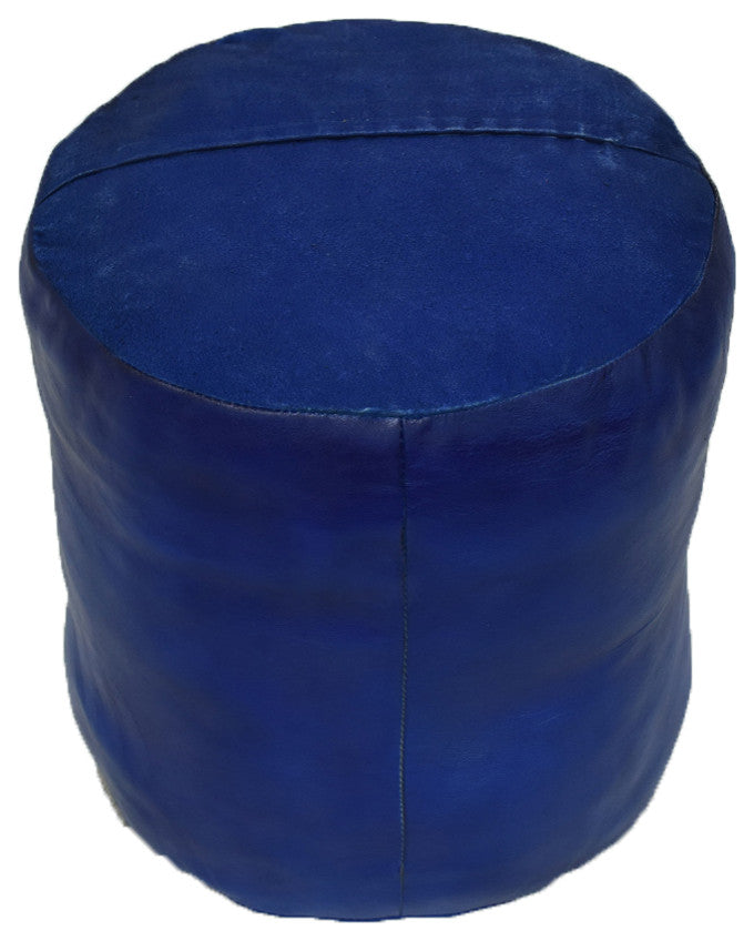 Pouf-Solid Handmade Leather Pouf (Recycled Foam with Fiber Fill), Blue, [Round)16x16x16