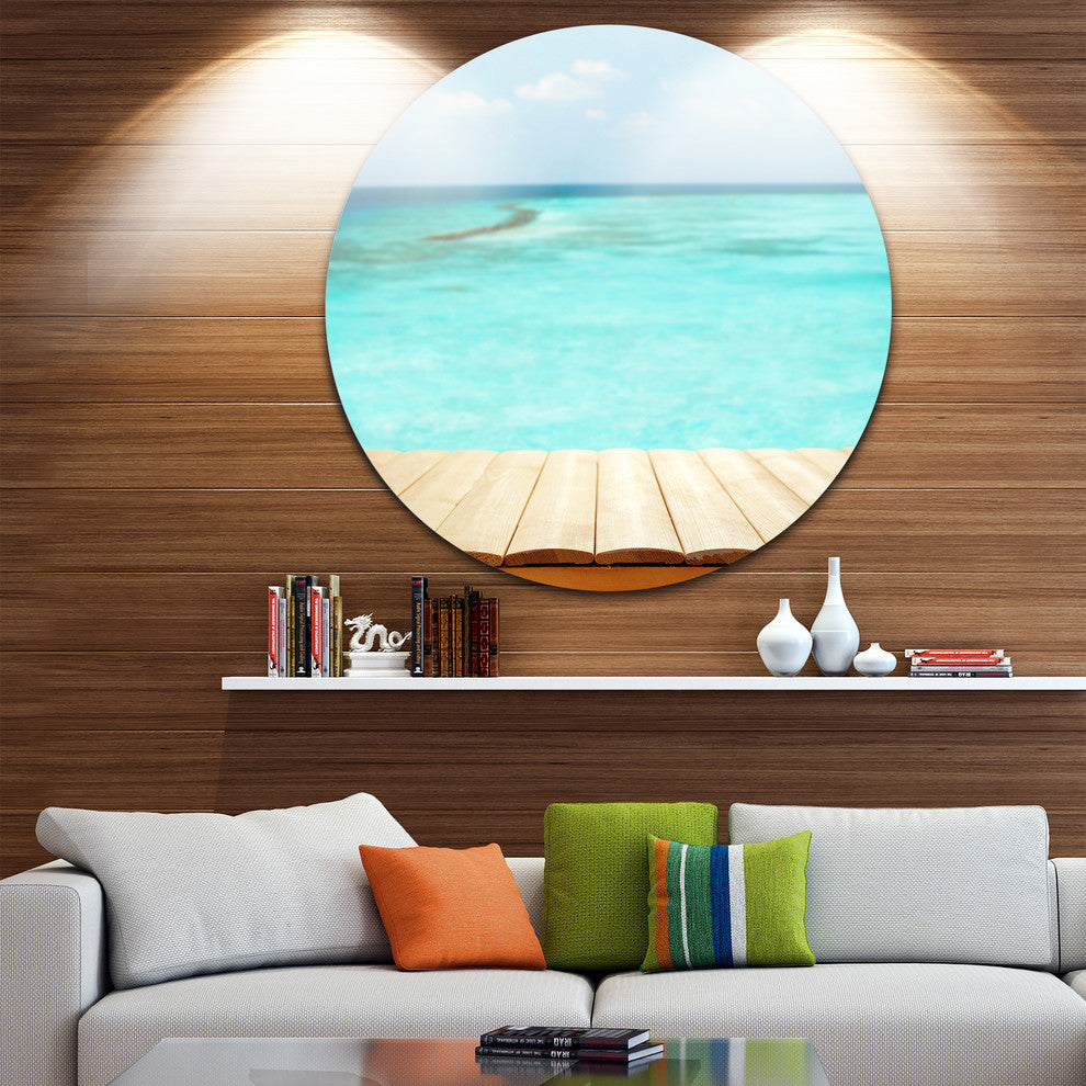 Wooden Planks On Sea Background, Seashore Disc Metal Wall Art, 23"