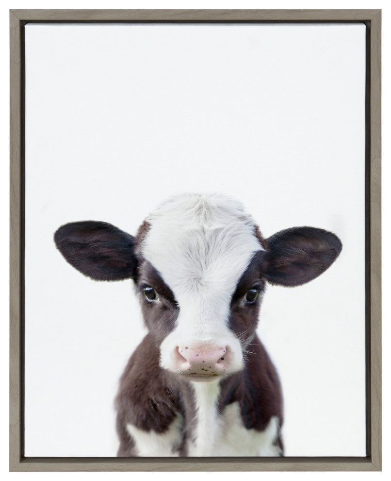 Sylvie Baby Cow Portrait Framed Canvas by Amy Peterson, Gray 18x24