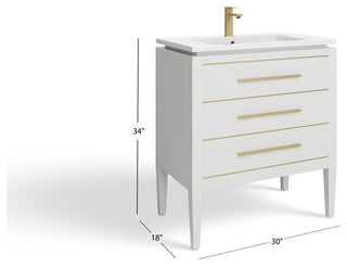 Celios Bathroom Vanity, White With Brass Trim, 30", Single Sink, Freestanding