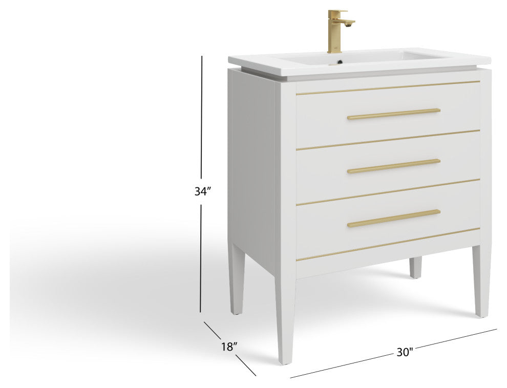 Celios Bathroom Vanity, White With Brass Trim, 30", Single Sink, Freestanding