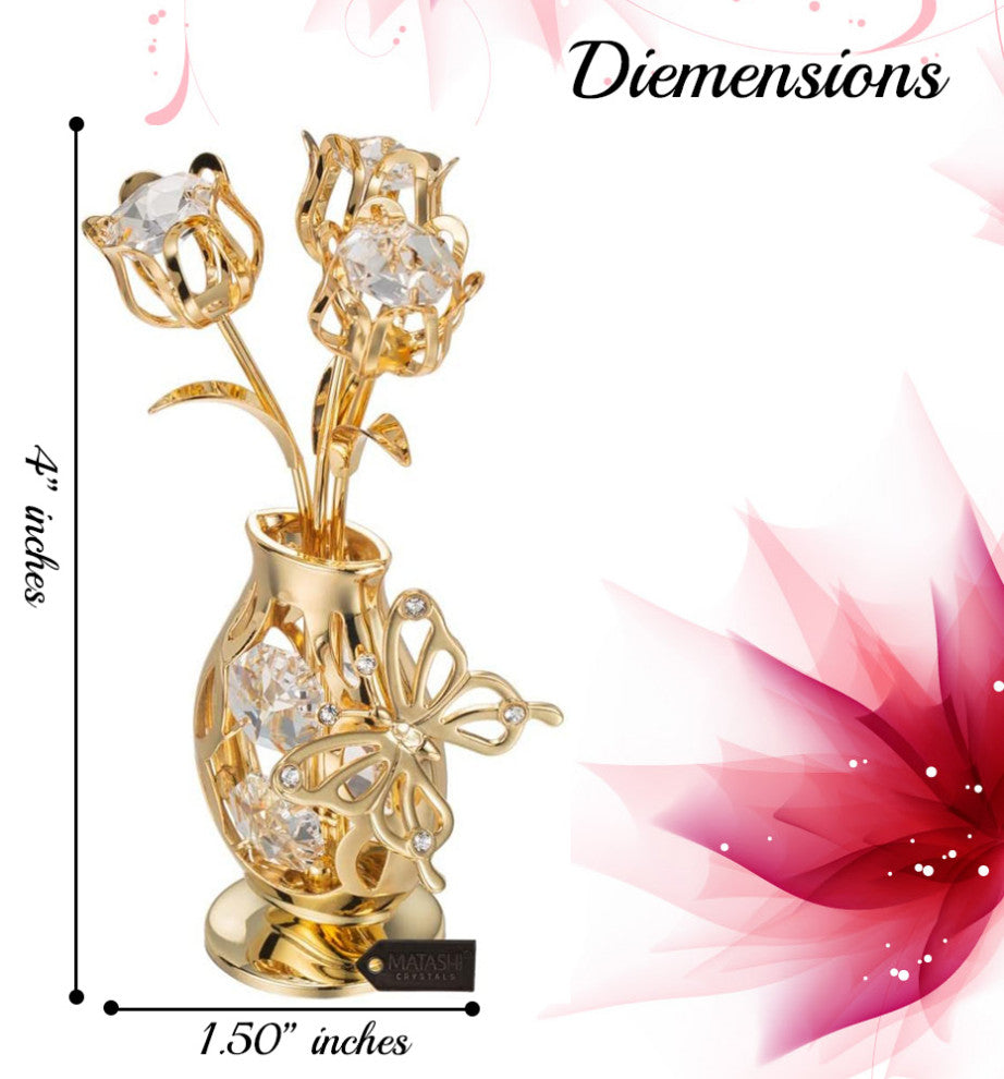 Matashi 24K Gold Plated Flower Ornament in Vase w Crystals Decorative Butterfly