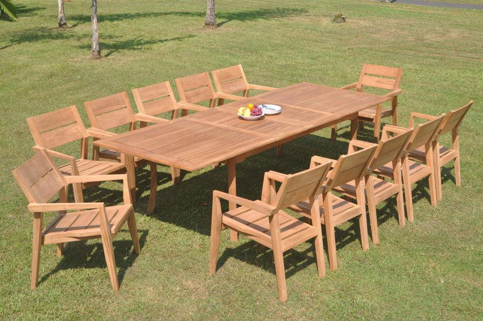 13-Piece Outdoor Teak Dining Set: 117" Rectangle Table, 12 Celo Stacking Chairs