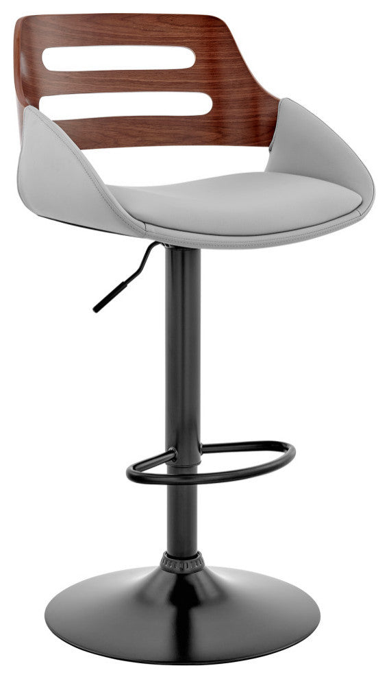 Karter Adjustable Faux Leather/Wood Barstool, Gray and Walnut With Black Base