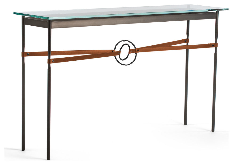 Equus Console Table, Dark Smoke Finish - Black Accents - Chestnut Leather Strap
