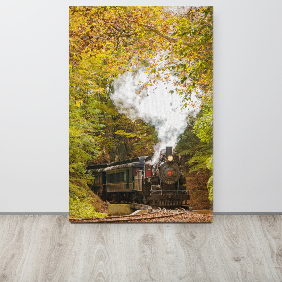 Steam Train with Autumn Foliage Landscape Photo Canvas Wall Art Print, 24" X 36"