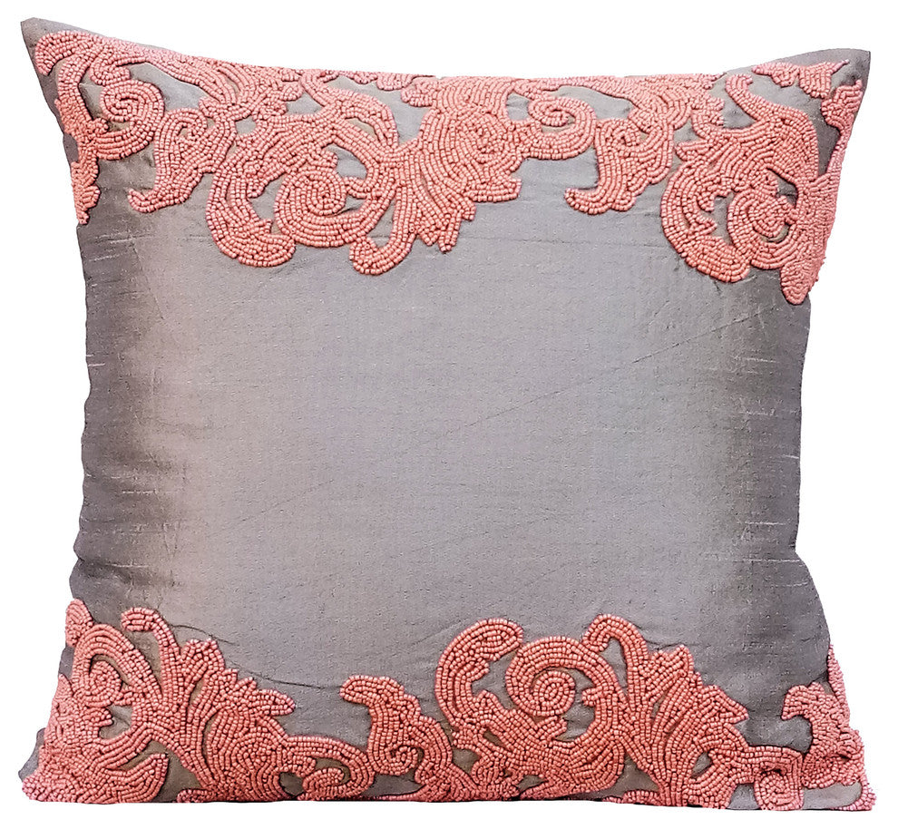 Silver Decorative Pillow Covers 22"x22" Silk, Peach Waters