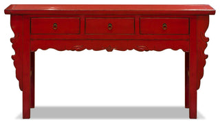 Vintage Distressed Red Elmwood Oriental Console Table with Drawers