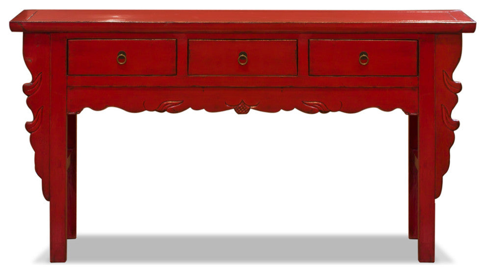 Vintage Distressed Red Elmwood Oriental Console Table with Drawers
