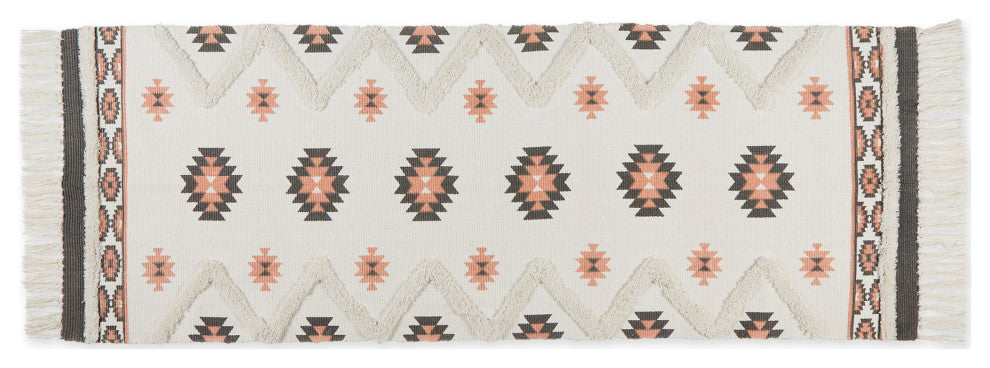 Gray And Blush Printed Off-White Hand-Loomed Shag Rug Runner 2Ft 3Inx6Ft