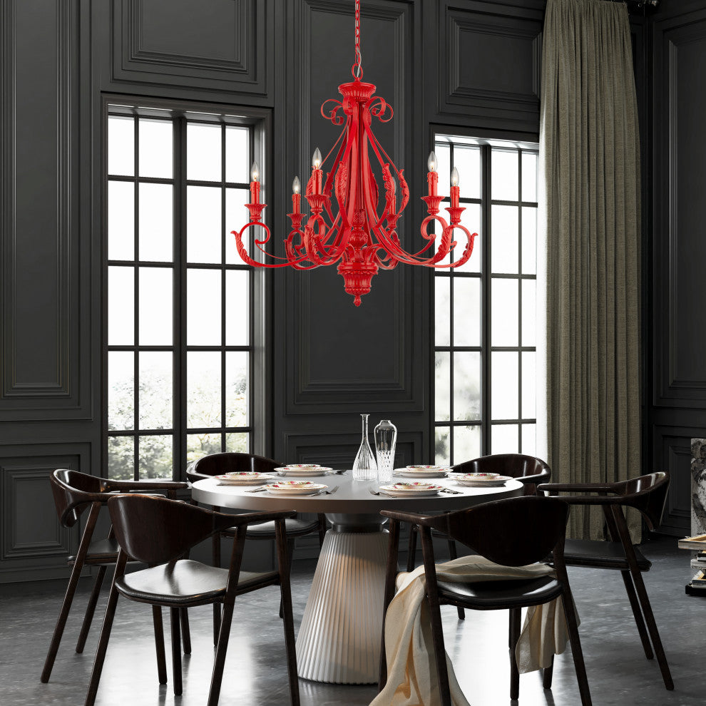 6 Light Shiny Red Large Chandelier