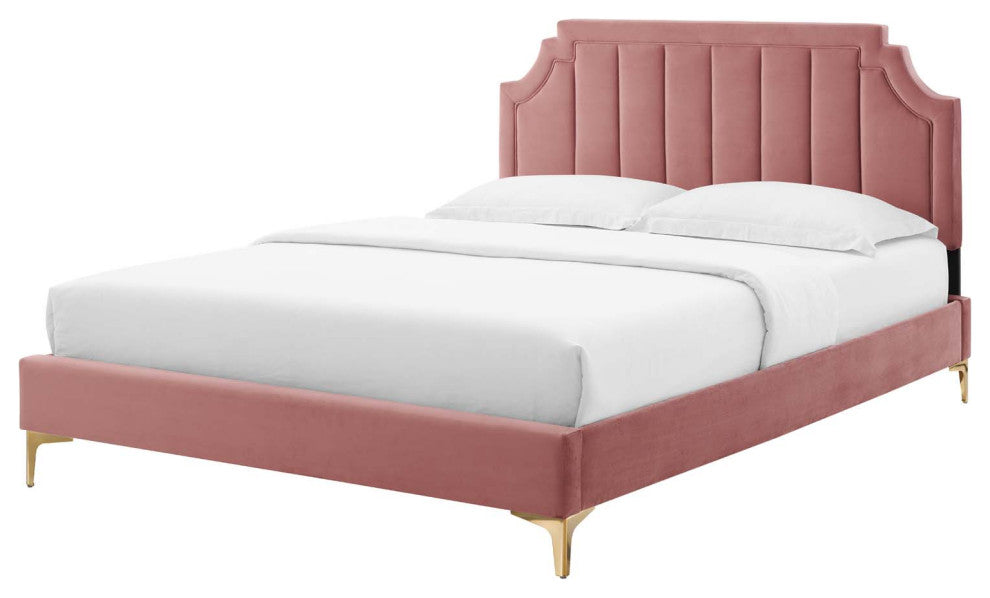 Platform Bed Frame, King Size, Velvet, Pink, Modern Contemporary, Bedroom Master
